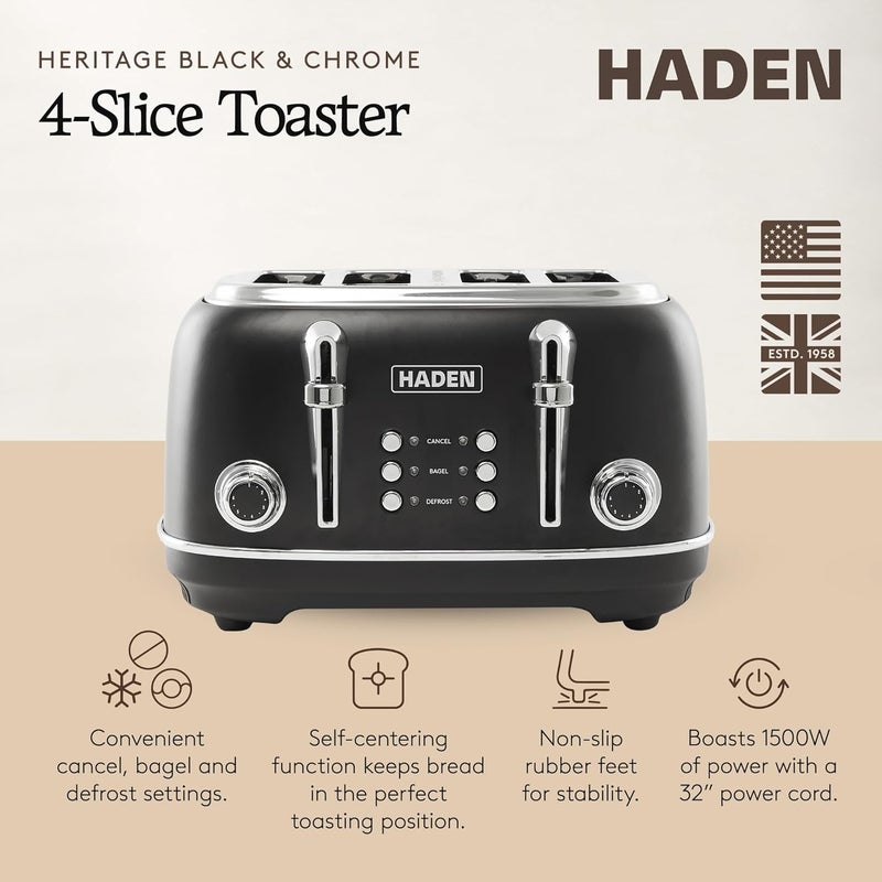 HADEN Heritage 4 Slice Wide Slot Stainless Steel Toaster with Adjustable Browning Control & Non-Slip Feet, Black & Chrome - Image 2