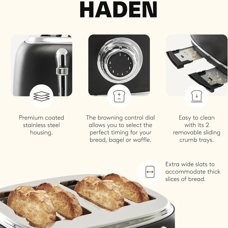 HADEN Heritage 4 Slice Wide Slot Stainless Steel Toaster with Adjustable Browning Control & Non-Slip Feet, Black & Chrome - Image 3
