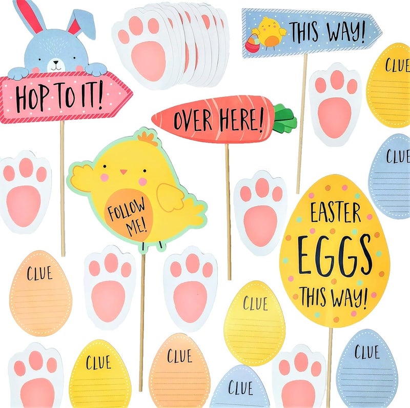 YLAB Easter Egg Hunt Kit  Signs Bunny Footprints  Clue Cards  5 EasterThemed Signs with Stakes 20 Bunny Footprint Cutouts  10 Clue Cards  Fun Easter Activity for Kids  Families