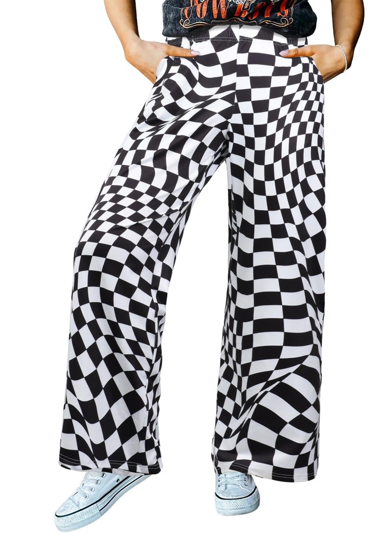 IWOLLENCE Women's Twisted Checkered Pants High Waist Wide Legs Funny Optical Art Patterned Pant Casual Preppy Teacher Trousers with Pockets Black White, M - Image 1