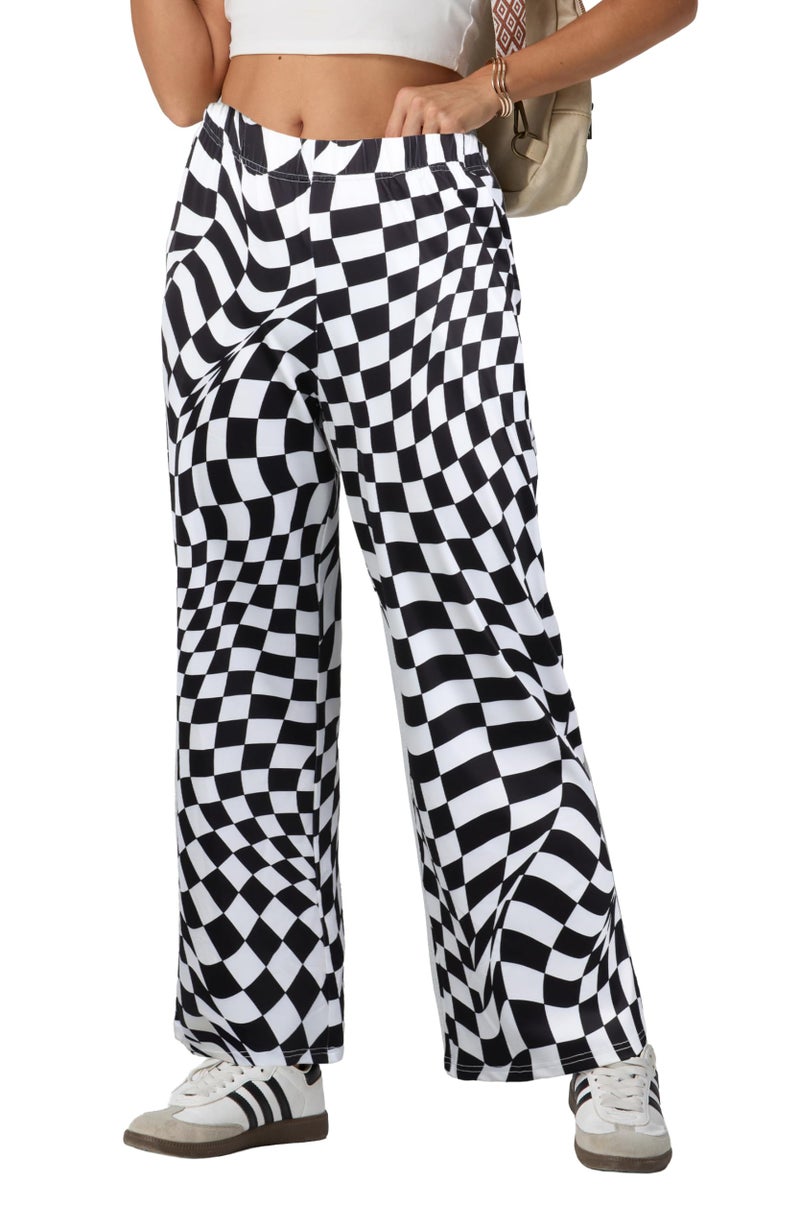 IWOLLENCE Women's Twisted Checkered Pants High Waist Wide Legs Funny Optical Art Patterned Pant Casual Preppy Teacher Trousers with Pockets Black White, M - Image 2