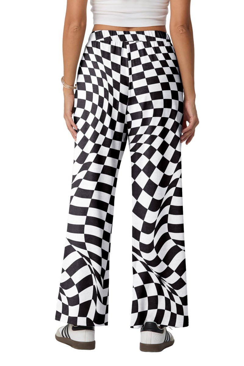 IWOLLENCE Women's Twisted Checkered Pants High Waist Wide Legs Funny Optical Art Patterned Pant Casual Preppy Teacher Trousers with Pockets Black White, M - Image 4