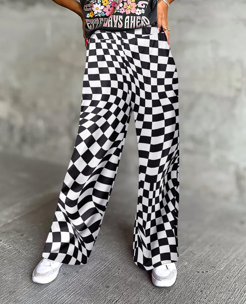 IWOLLENCE Women's Twisted Checkered Pants High Waist Wide Legs Funny Optical Art Patterned Pant Casual Preppy Teacher Trousers with Pockets Black White, M - Image 3