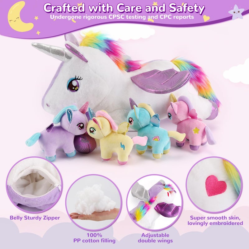 gnomantic 5 Pieces Unicorn Stuffed Animals - 1 Mommy Stuffed Unicorn with 4 Babies - Unicorns Gifts for Girls Ages 3 4 5 6 7 8, Unicorns Plush Toys for Christmas, Valentine's, Birthday Gifts (Purple) - Image 4