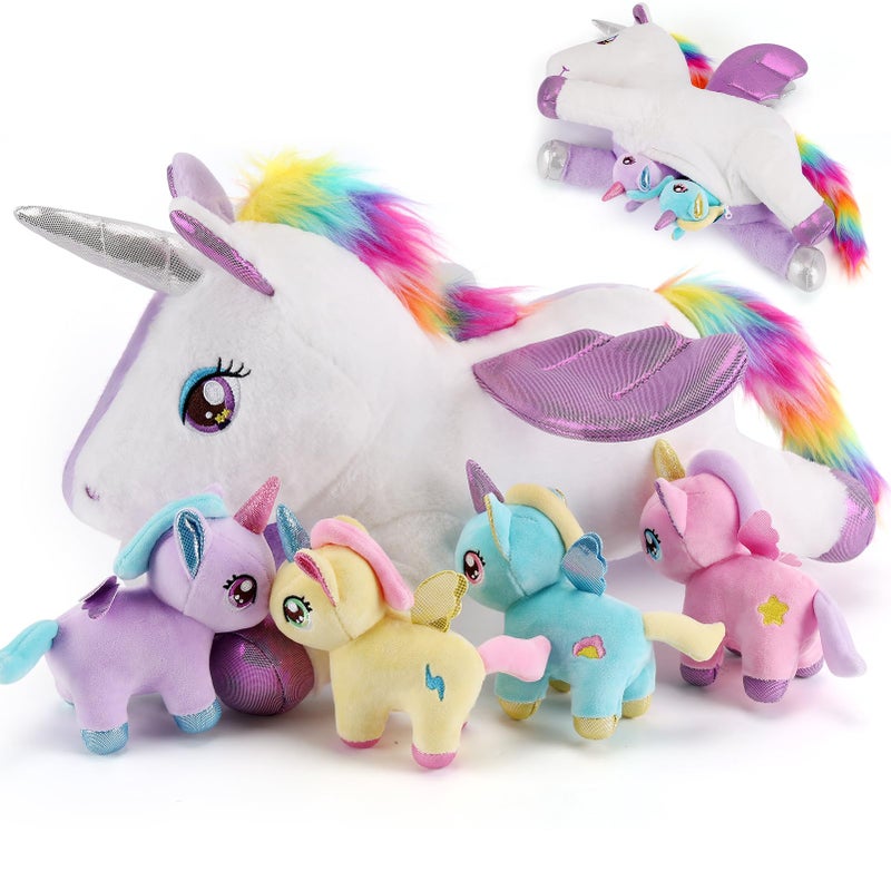 gnomantic 5 Pieces Unicorn Stuffed Animals - 1 Mommy Stuffed Unicorn with 4 Babies - Unicorns Gifts for Girls Ages 3 4 5 6 7 8, Unicorns Plush Toys for Christmas, Valentine's, Birthday Gifts (Purple) - Image 1