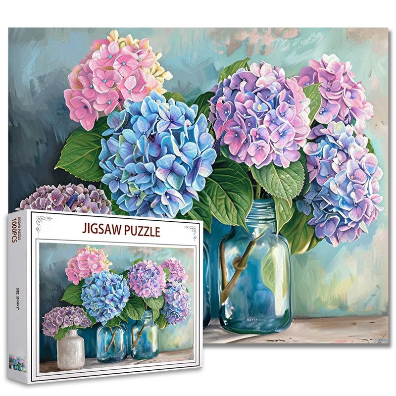 Tucocoo Hydrangea Jigsaw Puzzles for Adults 1000 Pieces Flowers Bottle Vase Vintage Art Jigsaw Puzzle Colorful DIY Craft Puzzles for Home Decoration Gifts Family Puzzle Perfect for Game Nights
