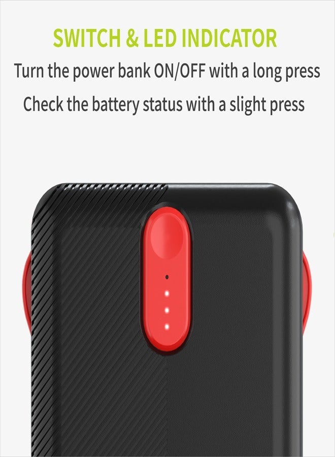 LDNIO 10000mAh Power Bank | Slim Portable Fast Charging Power Bank with Built-in USB-C & Lightning Cables | 22.5W PD & QC3.0 Output, LED Display, Silicone Lanyard, Fireproof PC Shell – Black/Red - Image 4
