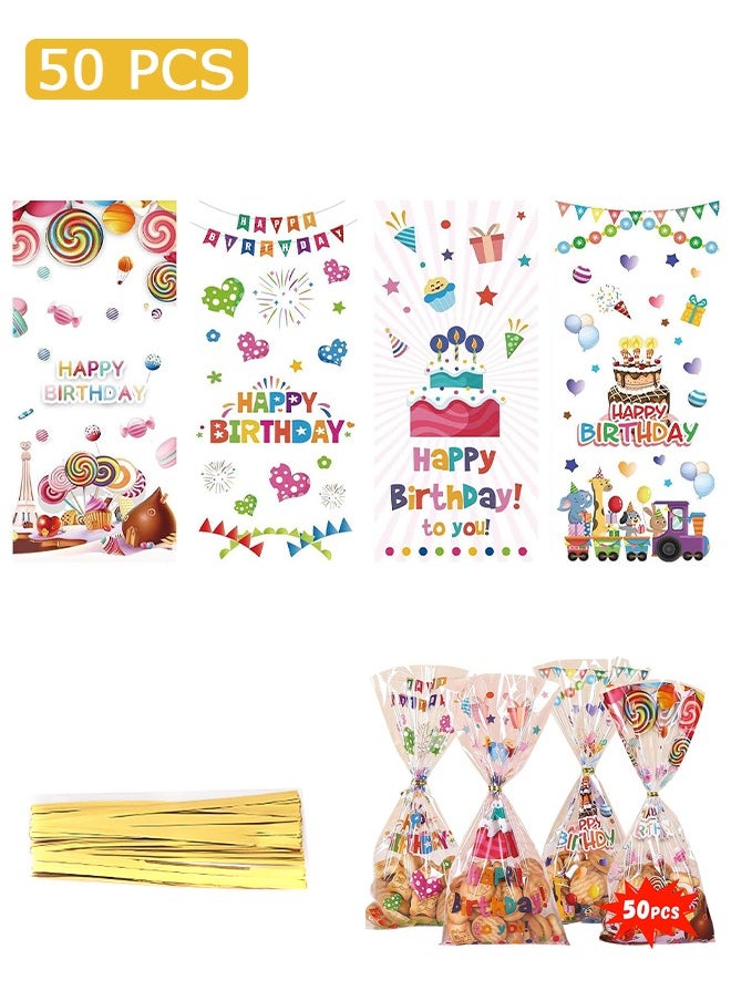 Urit 50 Pcs Happy Birthday Cellophane Gift Bags, Plastic Candy Bags, for Birthday Baby Shower Pride Day School Supplies  - Image 1
