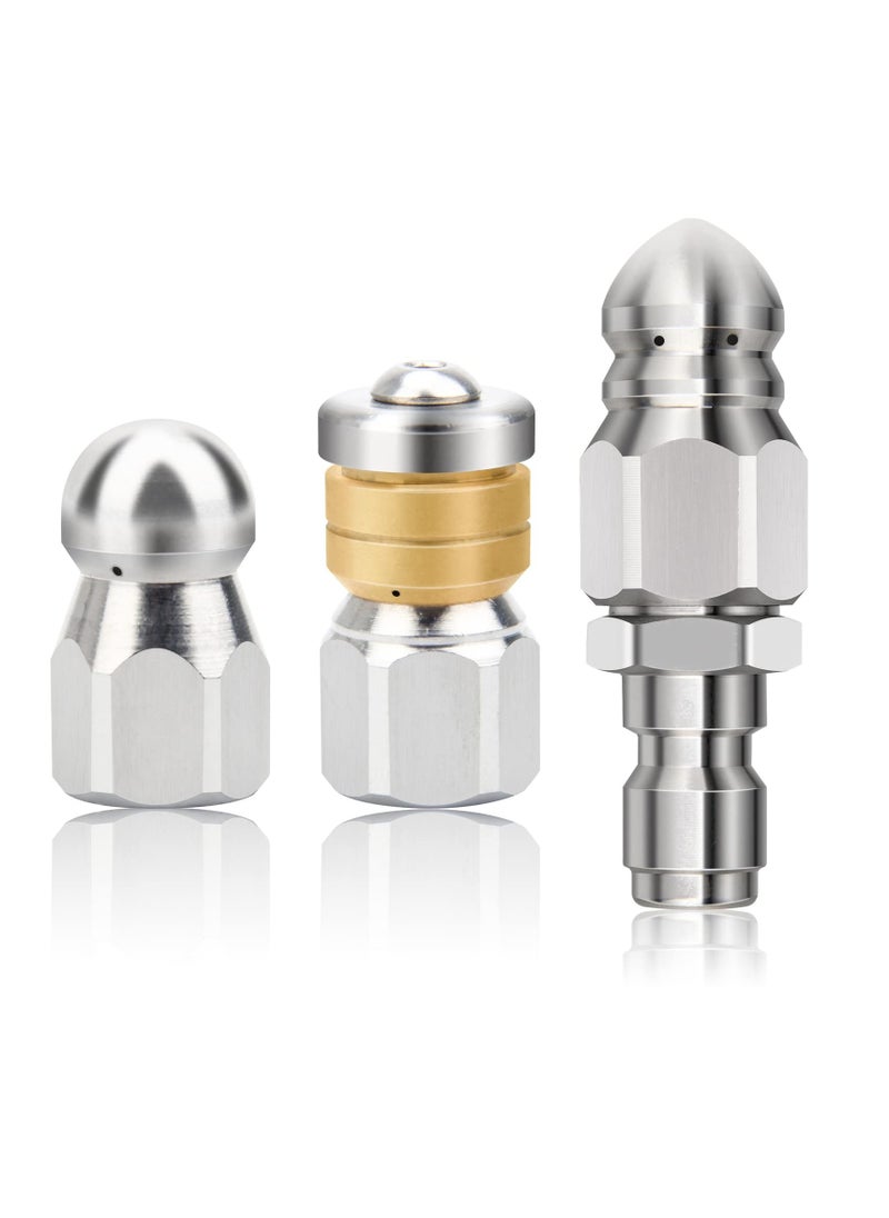 SYOSI Stainless Steel Pressure Washer Sewer Jetter Nozzles, Drain Cleaning Hose Nozzle, 1/4 Inch Quick Connector, Rotating Button Nose Jet Nozzle, 5000 PSI, 3PCS  - Image 1