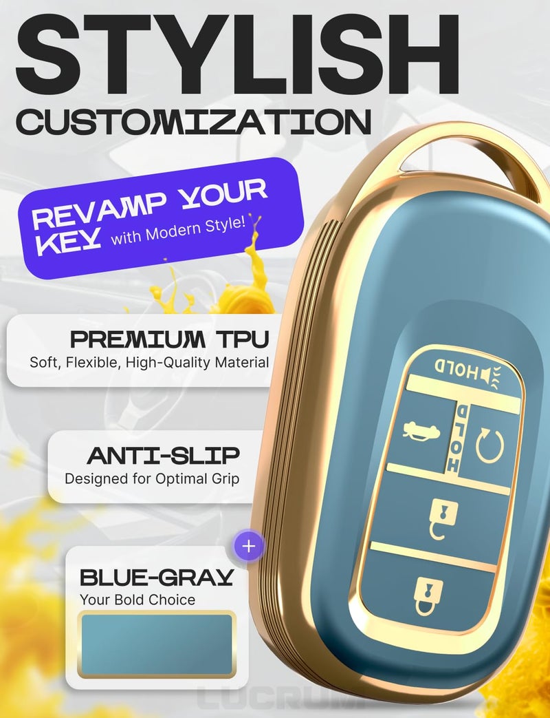 Lucrum Compatible with Honda Key Fob Cover & Leather Keychain - TPU Keyfob Case for Accord Civic CR-V SE LX HR-V Pilot (2022-2025) - Blue and Gold - Image 3