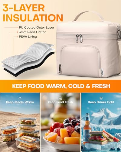 HOTOR Lunch Box for Women Insulated Lunch Bag with Spacious 8L Capacity PU Leather Cooler Bag WaterResistant Easy to Clean Ideal for Work or Everyday Use Beige 100 x 86x 59 - Image 3