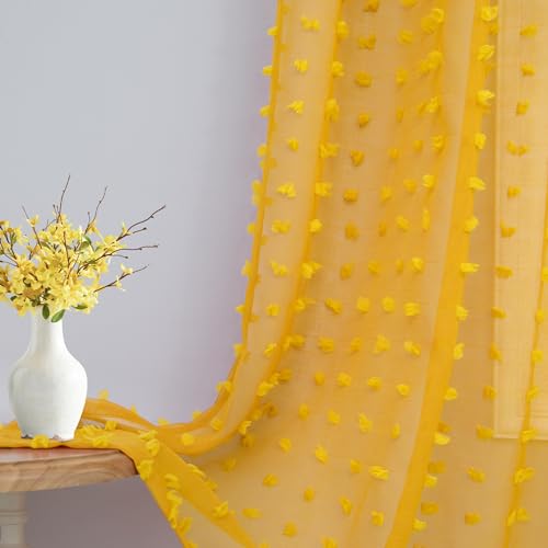 DANCURTON Mustard Yellow Sheer Curtains 84 Inch Length 2 Panels for Spring Living Dining Room Bedroom Boho Farmhouse Gold Semi Sheer Pom Poms Tufted Curtain 84 Inches Long for Nursery Girls Kids Room Back Tab - Image 1