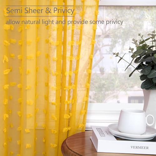 DANCURTON Mustard Yellow Sheer Curtains 84 Inch Length 2 Panels for Spring Living Dining Room Bedroom Boho Farmhouse Gold Semi Sheer Pom Poms Tufted Curtain 84 Inches Long for Nursery Girls Kids Room Back Tab - Image 4