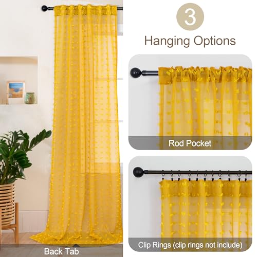 DANCURTON Mustard Yellow Sheer Curtains 84 Inch Length 2 Panels for Spring Living Dining Room Bedroom Boho Farmhouse Gold Semi Sheer Pom Poms Tufted Curtain 84 Inches Long for Nursery Girls Kids Room Back Tab - Image 5