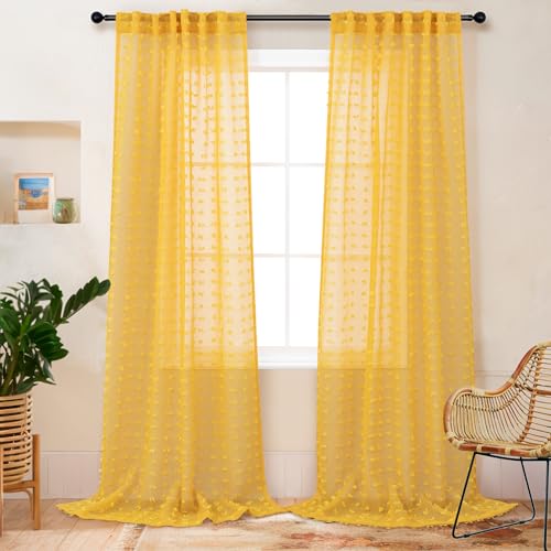 DANCURTON Mustard Yellow Sheer Curtains 84 Inch Length 2 Panels for Spring Living Dining Room Bedroom Boho Farmhouse Gold Semi Sheer Pom Poms Tufted Curtain 84 Inches Long for Nursery Girls Kids Room Back Tab - Image 2
