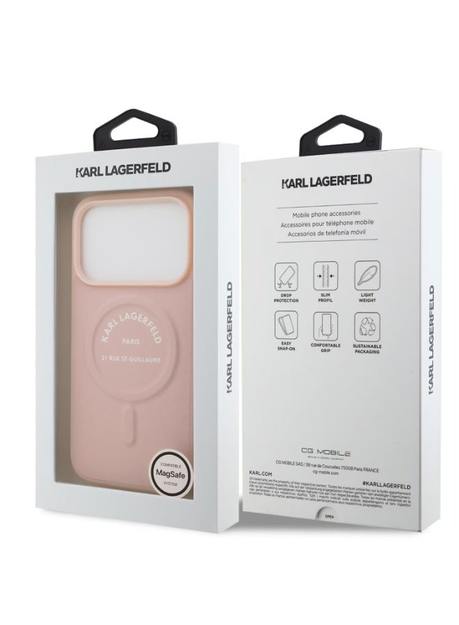 كارل لاغرفيلد جراب Karl Lagerfeld MagSafe PU مع أزرار شعار Karl RSG لجهاز iPhone 17 Pro Max، تصميم رفيع، سهل التركيب، تغليف مستدام، قبضة مريحة، حماية من السقوط، تصميم خفيف الوزن - وردي - Image 1