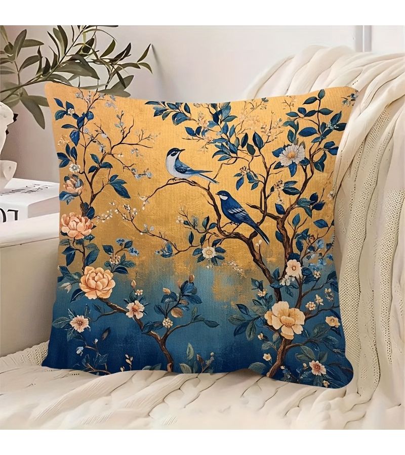 Decorative Blue And Golden Bird Floral Pillow Cover 18x18 Inches Polyester Woven - Image 1
