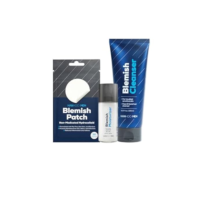 Hanhoo Men's Facial Care Kit, Blemish Cleanser 5.07 Fl. Oz., Blemish Moisturizer 2.02 Fl. Oz., Blemish Patch 36 Ct, with Bamboo, Hyaluronic Acid, and Green Tea, Men's Acne Skin Care Kit, Acne Regimen - Image 1