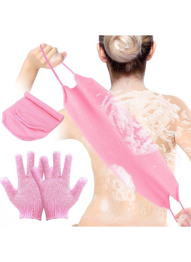 Prasacco 3-Pack Exfoliating Gloves Back Exfoliating Towel Back Washer for Shower Back Scrubber for Shower Skin Washcloth Body Exfoliator Set for Women Men, Pink  - Image 1