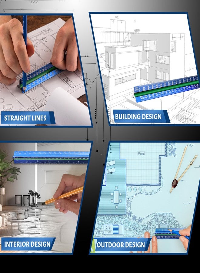 Stylo 12" Aluminum Architect Scale Ruler Laser Etched Triangle Drafting Ruler, Color Coded Grooves for Blueprint, Drafting and Drawing, Architectural Scale Ruler for Blueprints (Blue, Metric Units) - Image 5