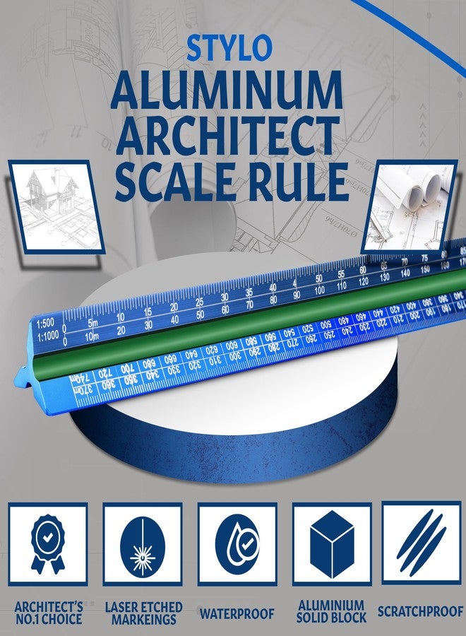 Stylo 12" Aluminum Architect Scale Ruler Laser Etched Triangle Drafting Ruler, Color Coded Grooves for Blueprint, Drafting and Drawing, Architectural Scale Ruler for Blueprints (Blue, Metric Units) - Image 3