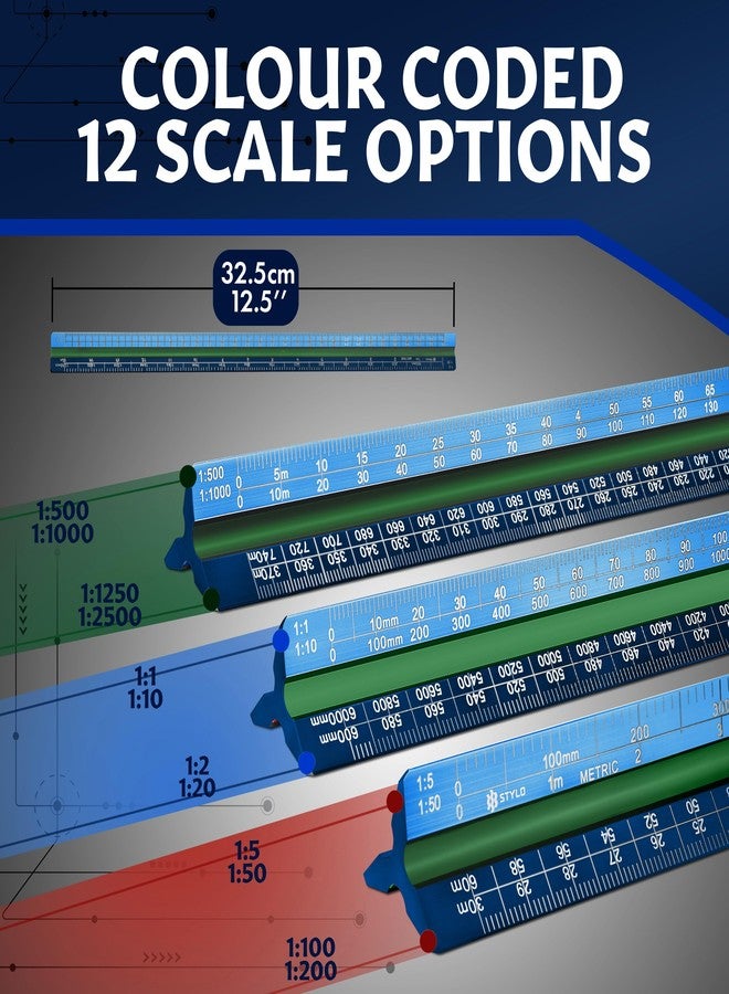 Stylo 12" Aluminum Architect Scale Ruler Laser Etched Triangle Drafting Ruler, Color Coded Grooves for Blueprint, Drafting and Drawing, Architectural Scale Ruler for Blueprints (Blue, Metric Units) - Image 2