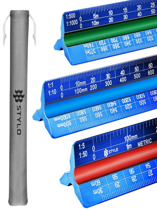 Stylo 12" Aluminum Architect Scale Ruler Laser Etched Triangle Drafting Ruler, Color Coded Grooves for Blueprint, Drafting and Drawing, Architectural Scale Ruler for Blueprints (Blue, Metric Units) - Image 1