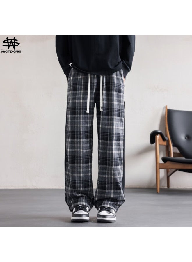 Swamp Area Vintage Plaid Straight Casual Pants Men Spring Autumn Versatile Sports Pants Draped Wide-leg Trousers Ks827 Gray 4XL - Image 1
