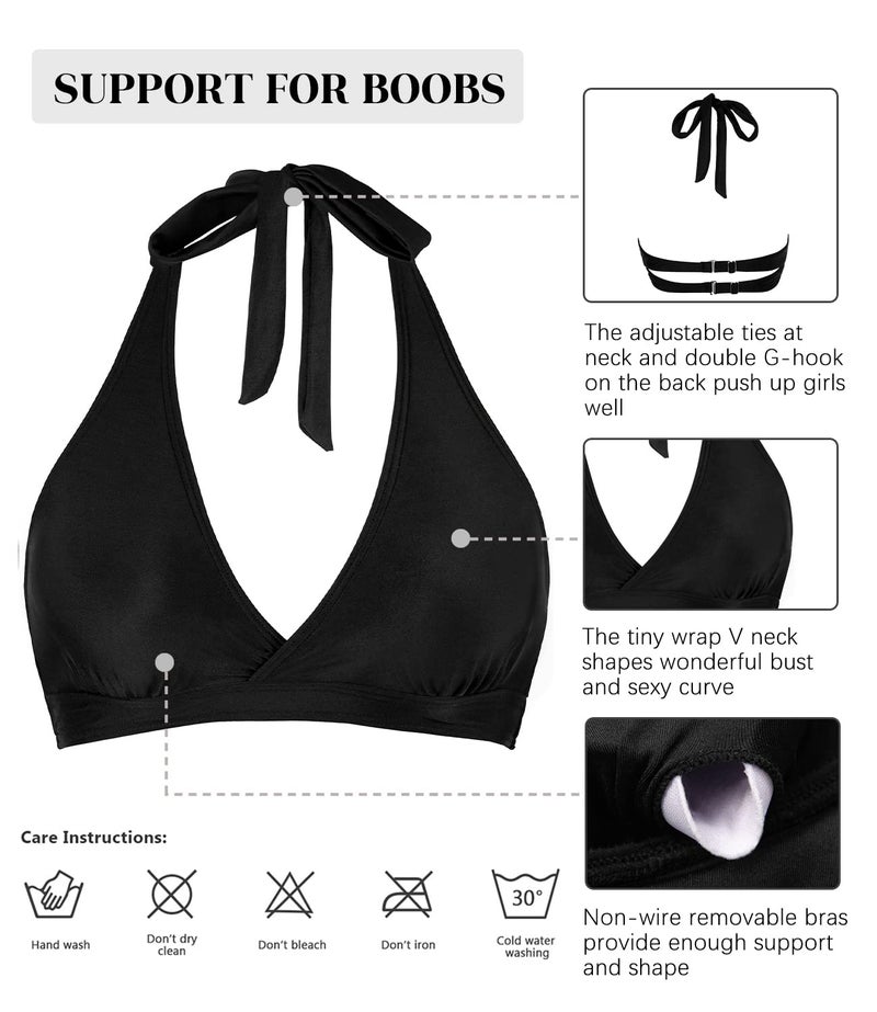 Balasami Women's Supportive Halter Bikini Padded Push Up Ruched Bust Hook Back Swimsuit Bathing Suit Tops Only Black - Image 5