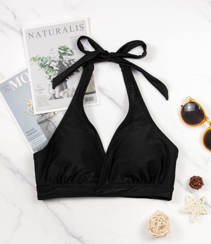 Balasami Women's Supportive Halter Bikini Padded Push Up Ruched Bust Hook Back Swimsuit Bathing Suit Tops Only Black - Image 3