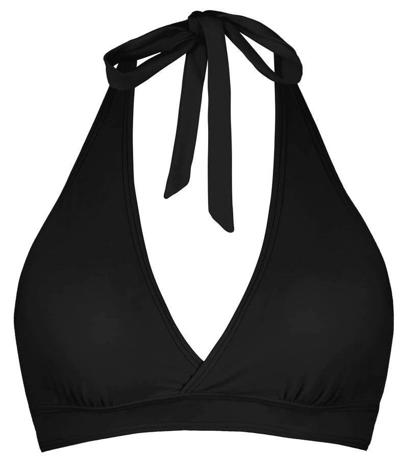 Balasami Women's Supportive Halter Bikini Padded Push Up Ruched Bust Hook Back Swimsuit Bathing Suit Tops Only Black - Image 1