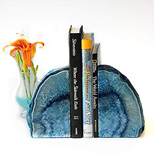 JIC Gem Agate Decorative Book Ends Blue Gemstone Geode Bookends Cool Crystal Bookends for Shelves Book Ends for Heavy Duty Books with Rubber Bumpers for Office and Home Décor (1 Pair,4-6 LBS) - Image 1