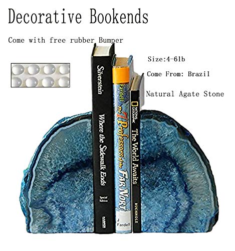 JIC Gem Agate Decorative Book Ends Blue Gemstone Geode Bookends Cool Crystal Bookends for Shelves Book Ends for Heavy Duty Books with Rubber Bumpers for Office and Home Décor (1 Pair,4-6 LBS) - Image 3