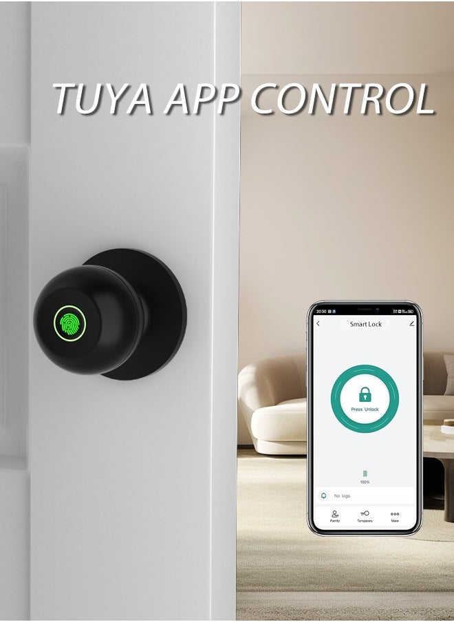 ALINK - Smart Door Knob, Fingerprint Door Lock with  Keys, Keyless Entry Door Lock, 3 Ways Unlock Biometric Door Knob, Emergency Charging Door Lock for Interior Door,Tuya bluetooth control (Black) - Image 1