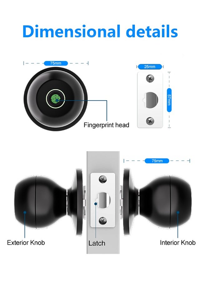 ALINK - Smart Door Knob, Fingerprint Door Lock with  Keys, Keyless Entry Door Lock, 3 Ways Unlock Biometric Door Knob, Emergency Charging Door Lock for Interior Door,Tuya bluetooth control (Black) - Image 1