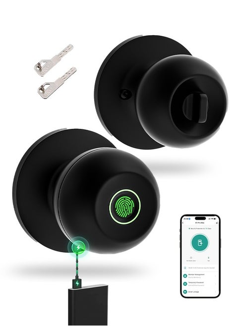 Smart Door Knob, Fingerprint Door Lock with  Keys, Keyless Entry Door Lock, 3 Ways Unlock Biometric Door Knob, Emergency Charging Door Lock for Interior Door,Tuya bluetooth control (Black)