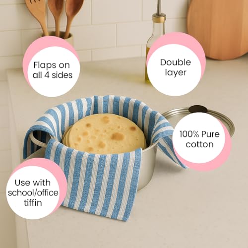 Värde® 2 PC Double Layer Roti Wrap/Chapati Cover–Premium Cotton Cloth for Roti, Paratha, Phulka, Hot Case | Kitchen Chapati Cloth with Flaps | Soft & Durable Cotton Seed Fabric (Blue&Beige, Pack of 2) - Image 3