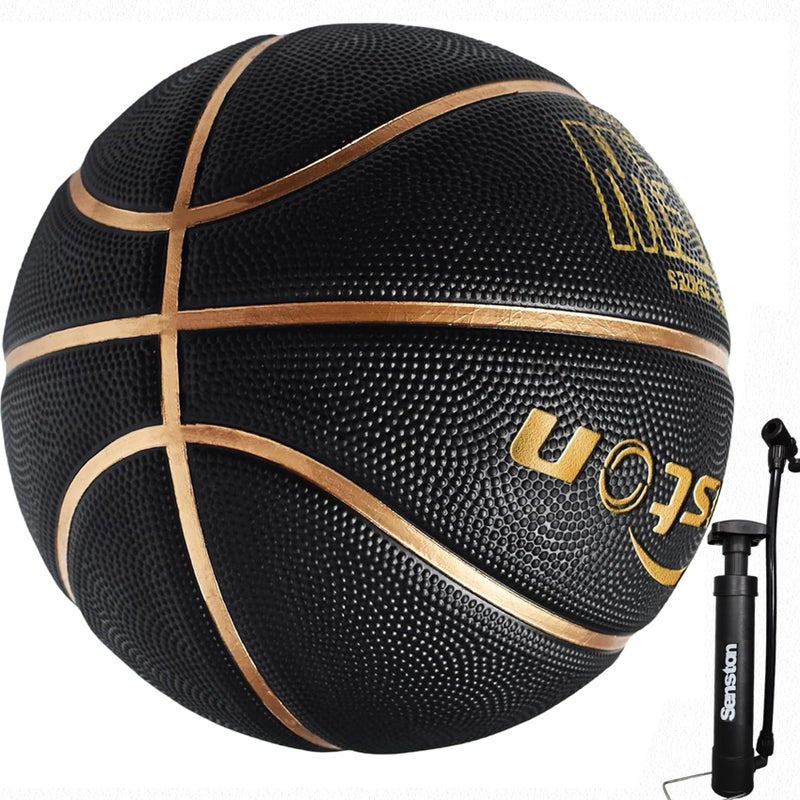 Senston 27.5''/29.5'' Outdoor Basketball Excellent Elasticity/Grip Rubber Basketballs with Pump, Durable Size 5/7 Men Basketball (Black/Gold, Size 5/27.5'') - Image 1