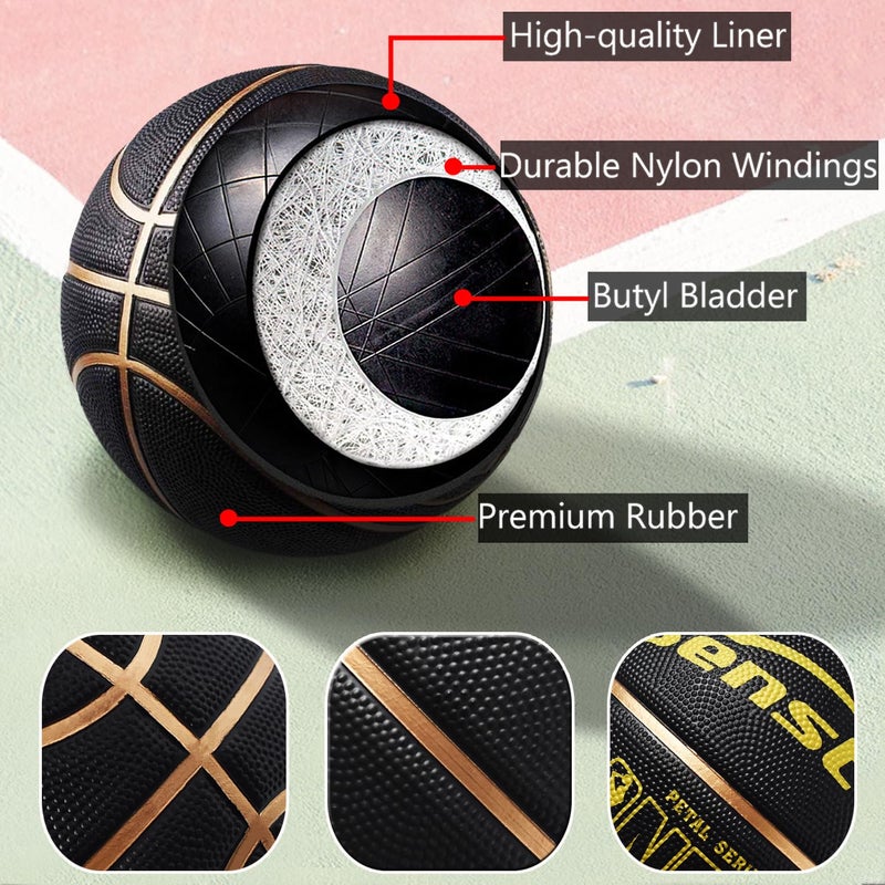 Senston 27.5''/29.5'' Outdoor Basketball Excellent Elasticity/Grip Rubber Basketballs with Pump, Durable Size 5/7 Men Basketball (Black/Gold, Size 5/27.5'') - Image 5