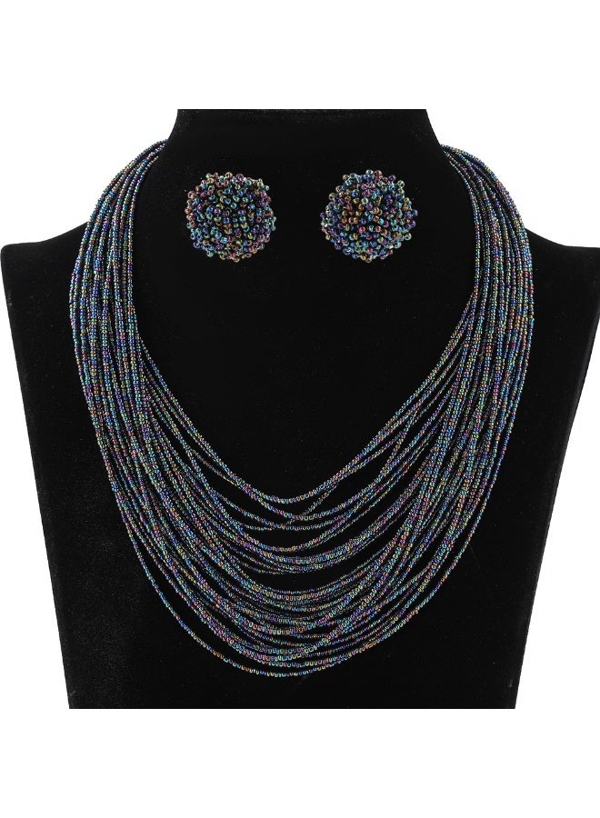 NIBEMINENT Bohemian Multi-Layer Rice Pearl Necklace and Earring Set