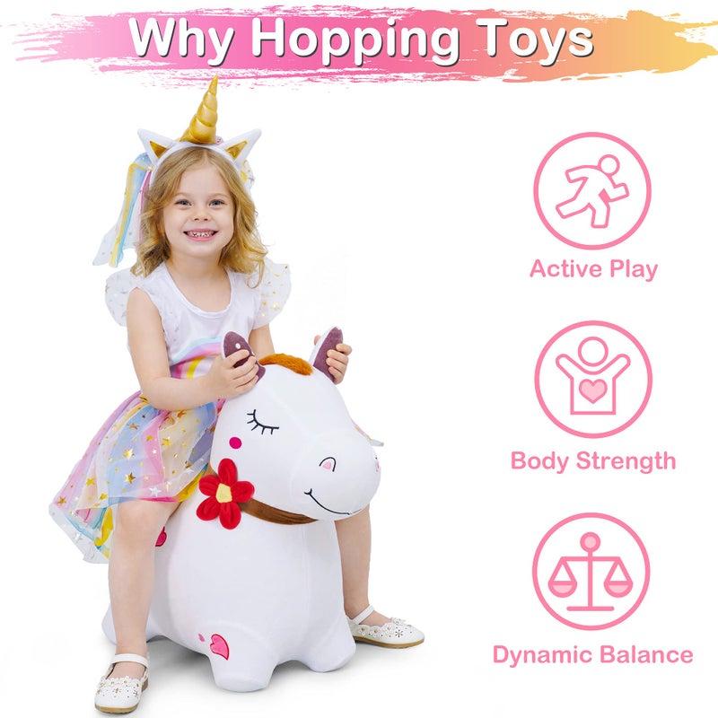 iPlay, iLearn Bouncy Pals White Hopping Horse, Inflatable Bouncing Animal Hopper Toy W/Pump, Plush Ride on Bouncer, Indoor Outdoor Birthday Gifts for 18 24 Month 2 3 4 5 Year Old Toddler Kid Boy Girl - Image 2