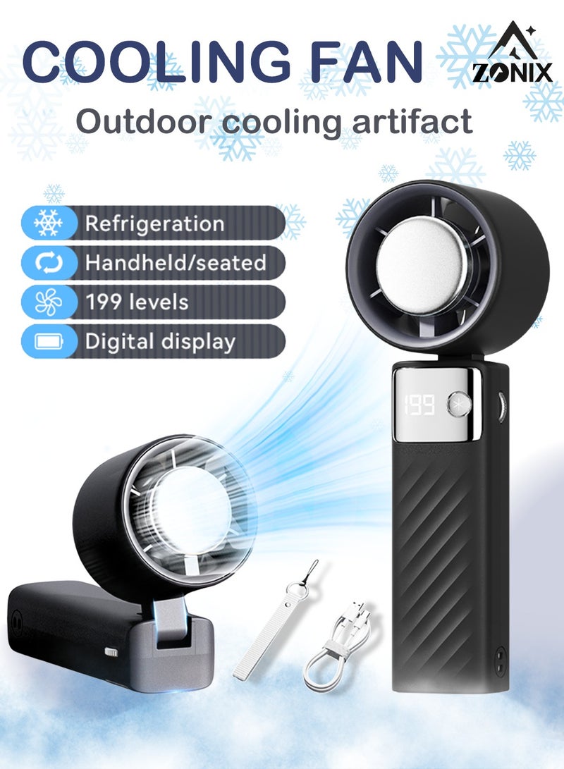 ZONIX Portable Handheld Fan with 199-Speed Adjustable - ICE Ceramic Cooling, 4000mAh Battery, Digital Display, 3-in-1 Foldable Turbo Fan for Travel/Camping/Office (Black) - Image 1