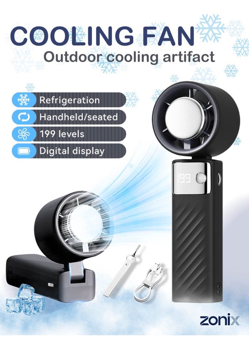ZONIX Portable Handheld Fan with 199-Speed Adjustable - ICE Ceramic Cooling, 4000mAh Battery, Digital Display, 3-in-1 Foldable Turbo Fan for Travel/Camping/Office (Black) - Image 1