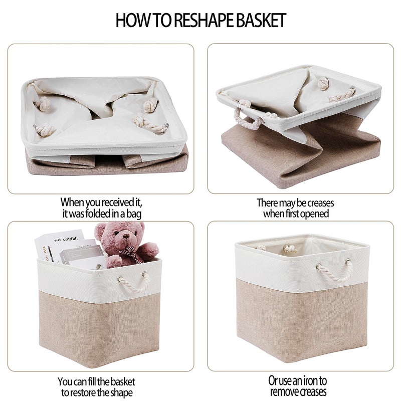 MidmmVick 13 x 13 Inch Cube Storage Bins, 4 Pack Large Collapsible Fabric Storage Bin with Ropes, Foldable Storage Cubes for Home, Office,Closet, Clothes, Toys Organizer (White & Beige) - Image 5