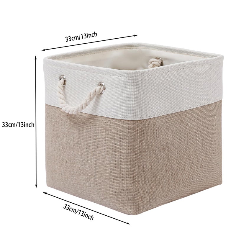 MidmmVick 13 x 13 Inch Cube Storage Bins, 4 Pack Large Collapsible Fabric Storage Bin with Ropes, Foldable Storage Cubes for Home, Office,Closet, Clothes, Toys Organizer (White & Beige) - Image 4