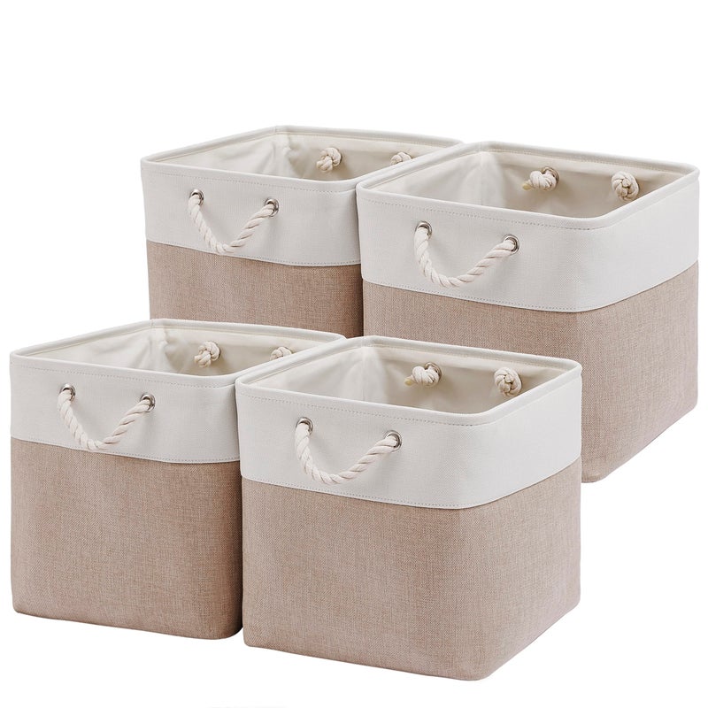 MidmmVick 13 x 13 Inch Cube Storage Bins, 4 Pack Large Collapsible Fabric Storage Bin with Ropes, Foldable Storage Cubes for Home, Office,Closet, Clothes, Toys Organizer (White & Beige) - Image 1