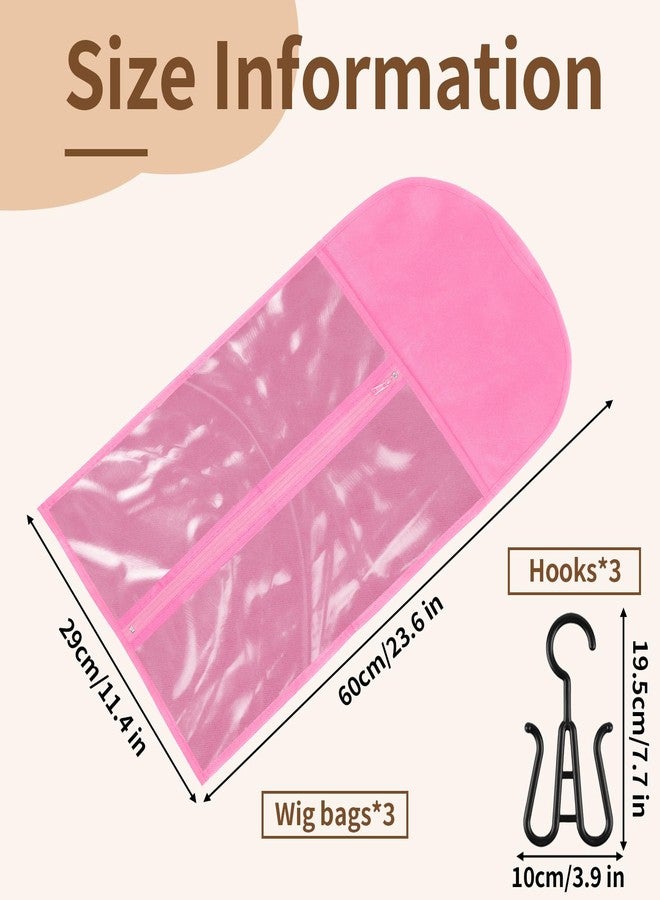 Opvixi Wig Storage Bags with Hanger, 3 pcs Portable Wig Bag, Hair Extension Holder, Pink Hair Extension Storage for Multiple Wigs, Home Salon Travel (23.6 x 11.4 in) - Image 2