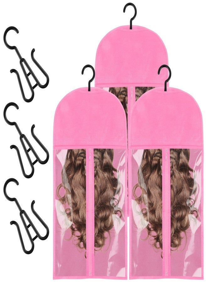 Opvixi Wig Storage Bags with Hanger, 3 pcs Portable Wig Bag, Hair Extension Holder, Pink Hair Extension Storage for Multiple Wigs, Home Salon Travel (23.6 x 11.4 in) - Image 1