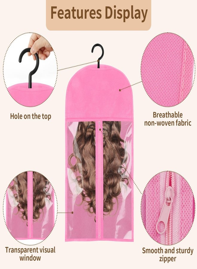 Opvixi Wig Storage Bags with Hanger, 3 pcs Portable Wig Bag, Hair Extension Holder, Pink Hair Extension Storage for Multiple Wigs, Home Salon Travel (23.6 x 11.4 in) - Image 3