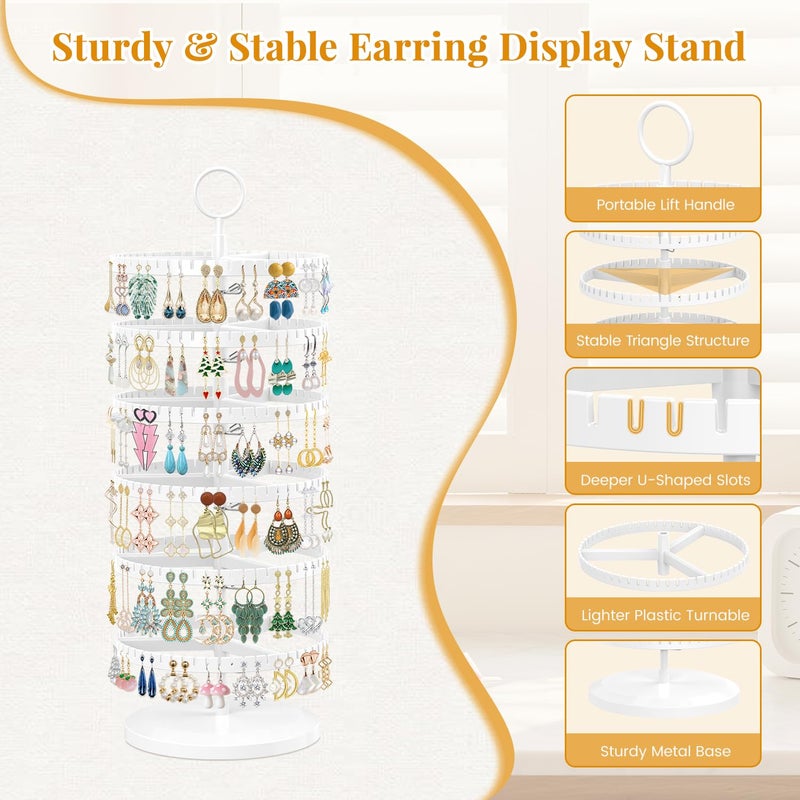 EsLuker.ly Earring Holder Organizer Rotating Stud Display Tree Rack with 342 U-Slots for Women Girls, Large Adjustable 6 Tier Plastic Storage Stand with Metal Tray for Pierced Hoop Post Earring, White - Image 5